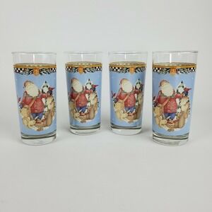 4 Vintage Debbie Mumm Christmas Santa Reindeer Glass Tumblers Anchor Hocking USA